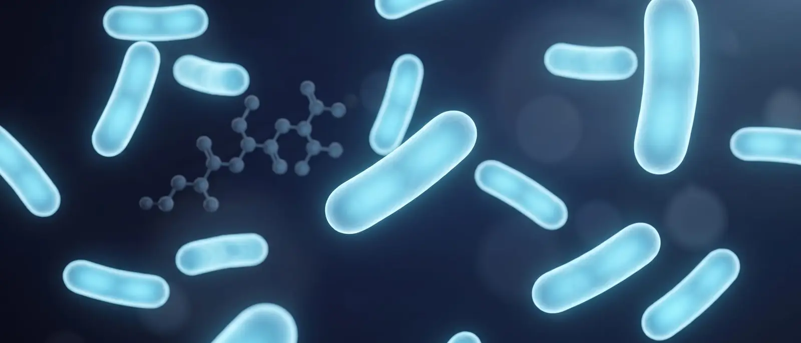 Rod-shaped bacterial cells glowing blue on a dark background, with a small molecular model in the distance