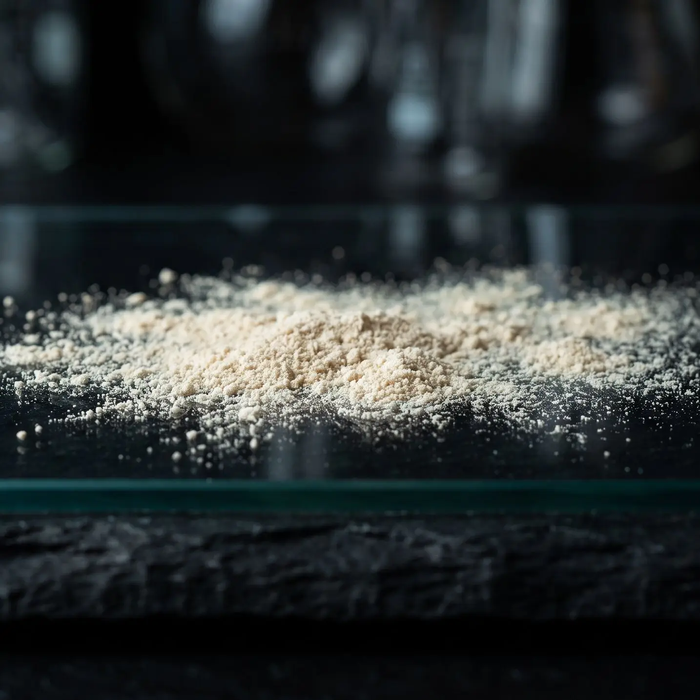 Pale freeze-dried culture powder on a dark glass surface, close-up in soft side light