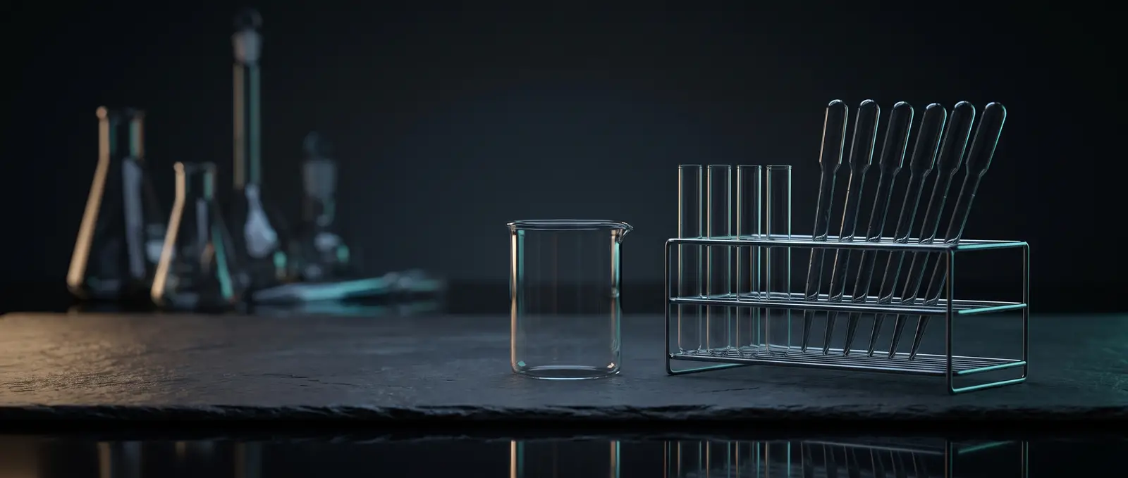 Laboratory glassware and a pipette rack on a dark bench, shallow depth of field
