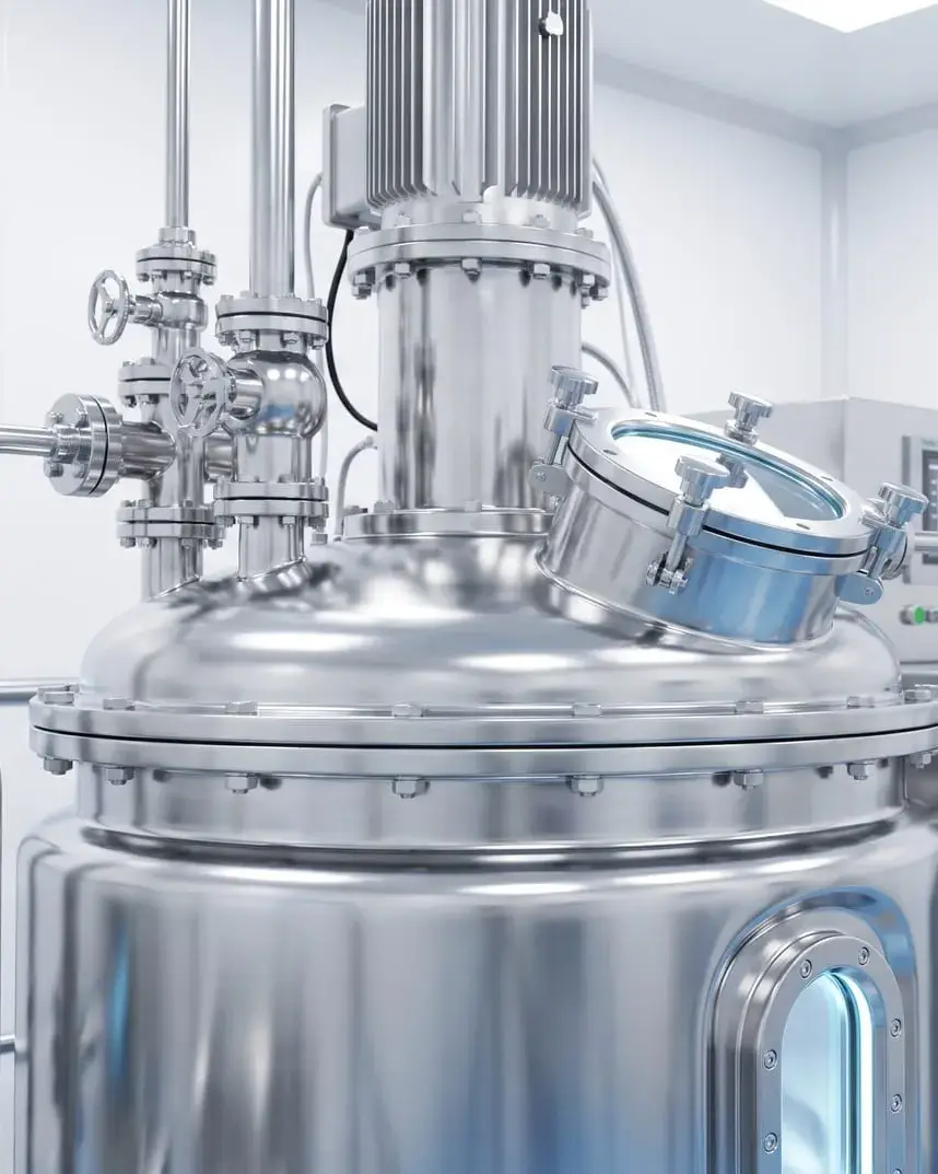Stainless steel bioreactor in a clean room, with a sight glass in the lid, valves and piping